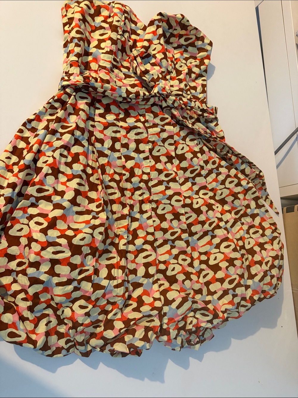 Brown Printed Strapless Bubble Romper with Multicolor Abstract Spots